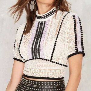 Nasty Gal Ivory White Semi Sheer Crochet Mock Neck Bohemian Cropped Blouse Top S